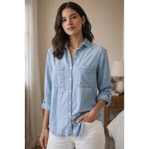 Quince Chambray Tencel Button Up Shirt Light Indigo Lyocell Denim Look Size S